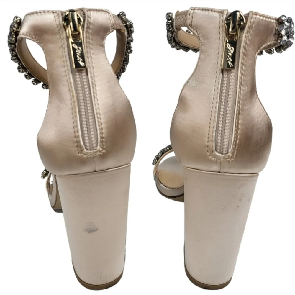 Jewel Badgley Mischka Mayra Sandal Size 7 Champagne Satin Rhinestone Bridal Prom - Picture 5 of 7